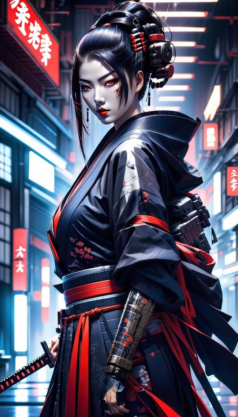 Cyberpunk Geisha Samurai Assassin in Future Japan