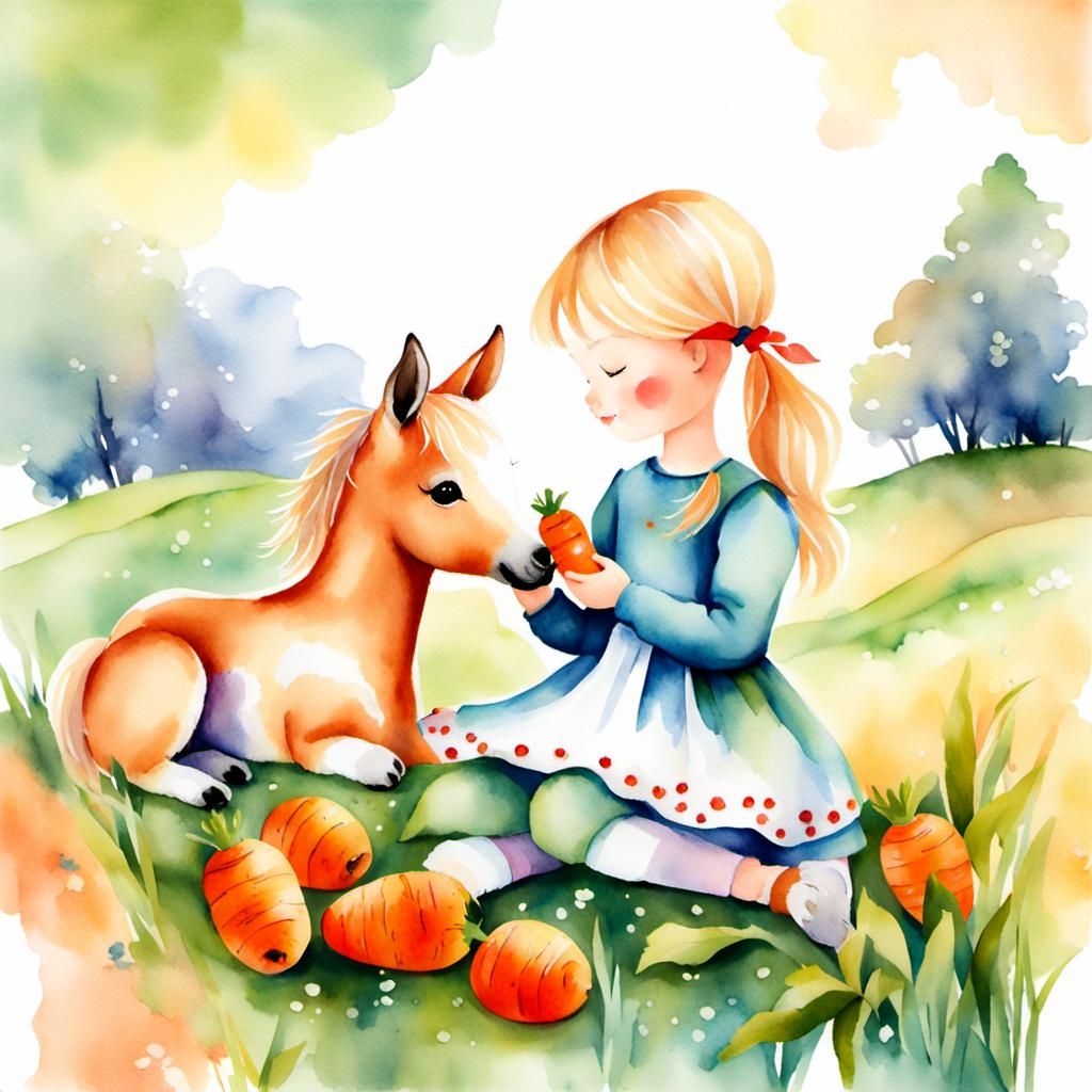 Girl and Foal in Spring Meadow Watercolor