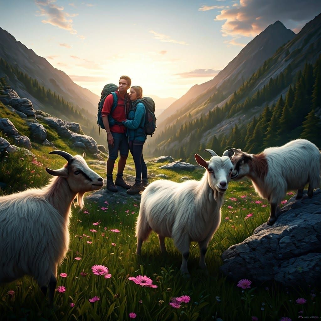 Photobombs: A serene mountain landscape where a group of playful goats are photobombing a couple taking a romantic photo...