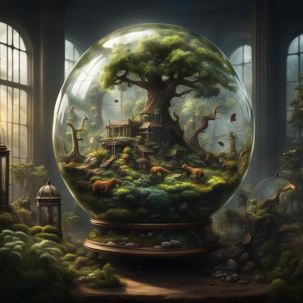 Miniature Ecosystem Inside Glass Terrarium