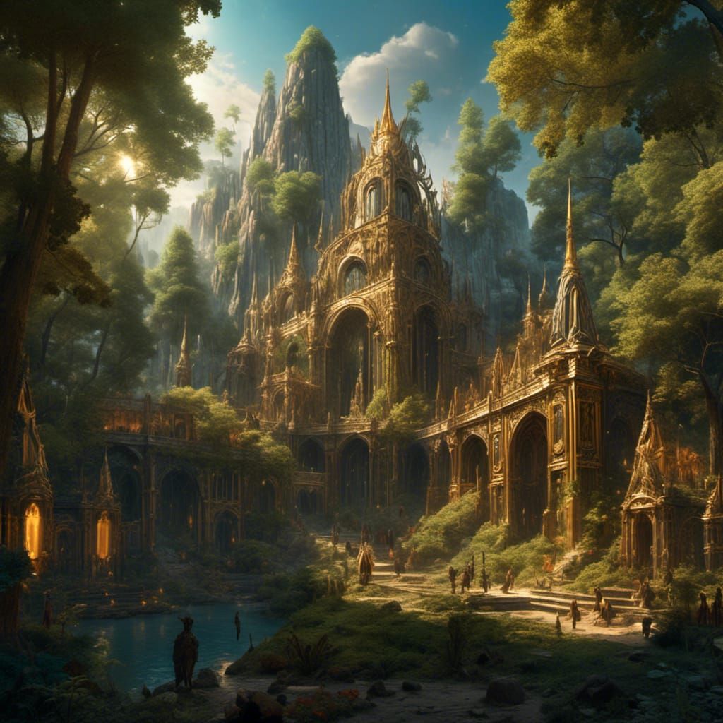 Elven City in Sequoia Forest: Fantasy Concept Art
