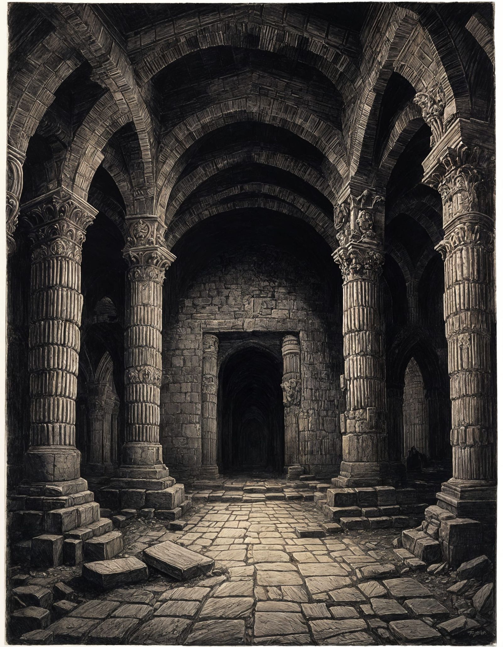 Sinister Catacombs Hall in Etching Style