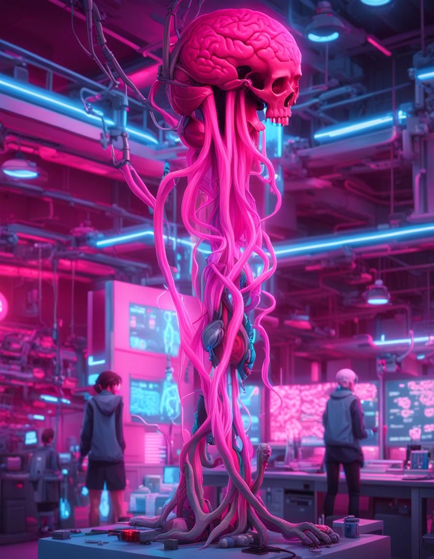 Skull-Brain Symbiote in Neon Laboratory, 3D Anime Art