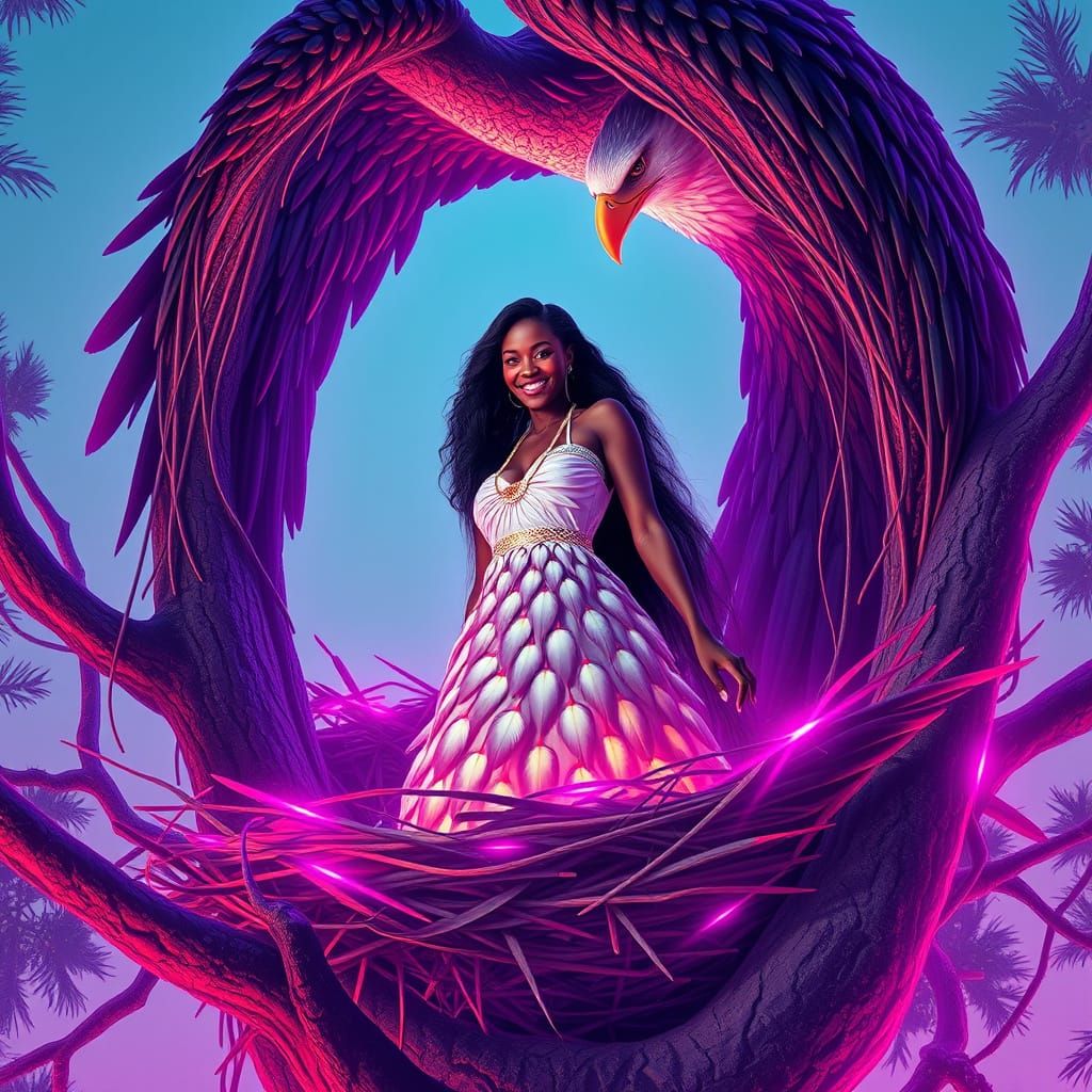 Woman in Eagle Feather Dress with Synthwave Aesthetic