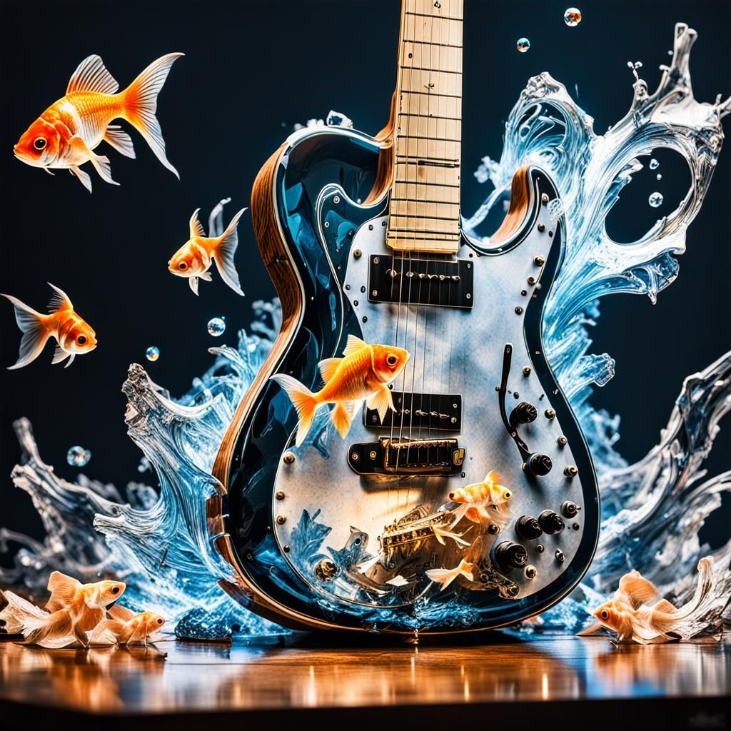 Crystal Guitar and Goldfish in Double Exposure