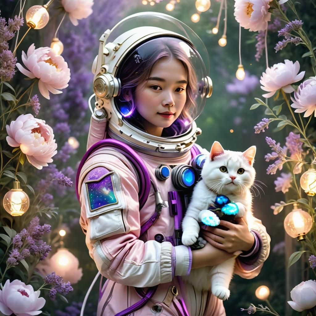 Cosmonaut with Cat in Peony Field, Dreamy Art Nouveau