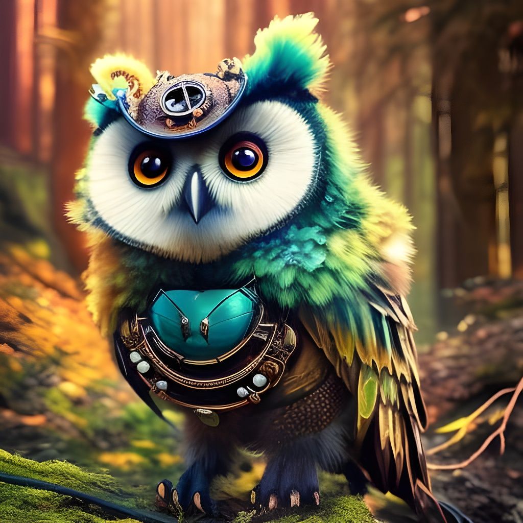 Steampunk Owl Bear Cub in Fantasy Forest