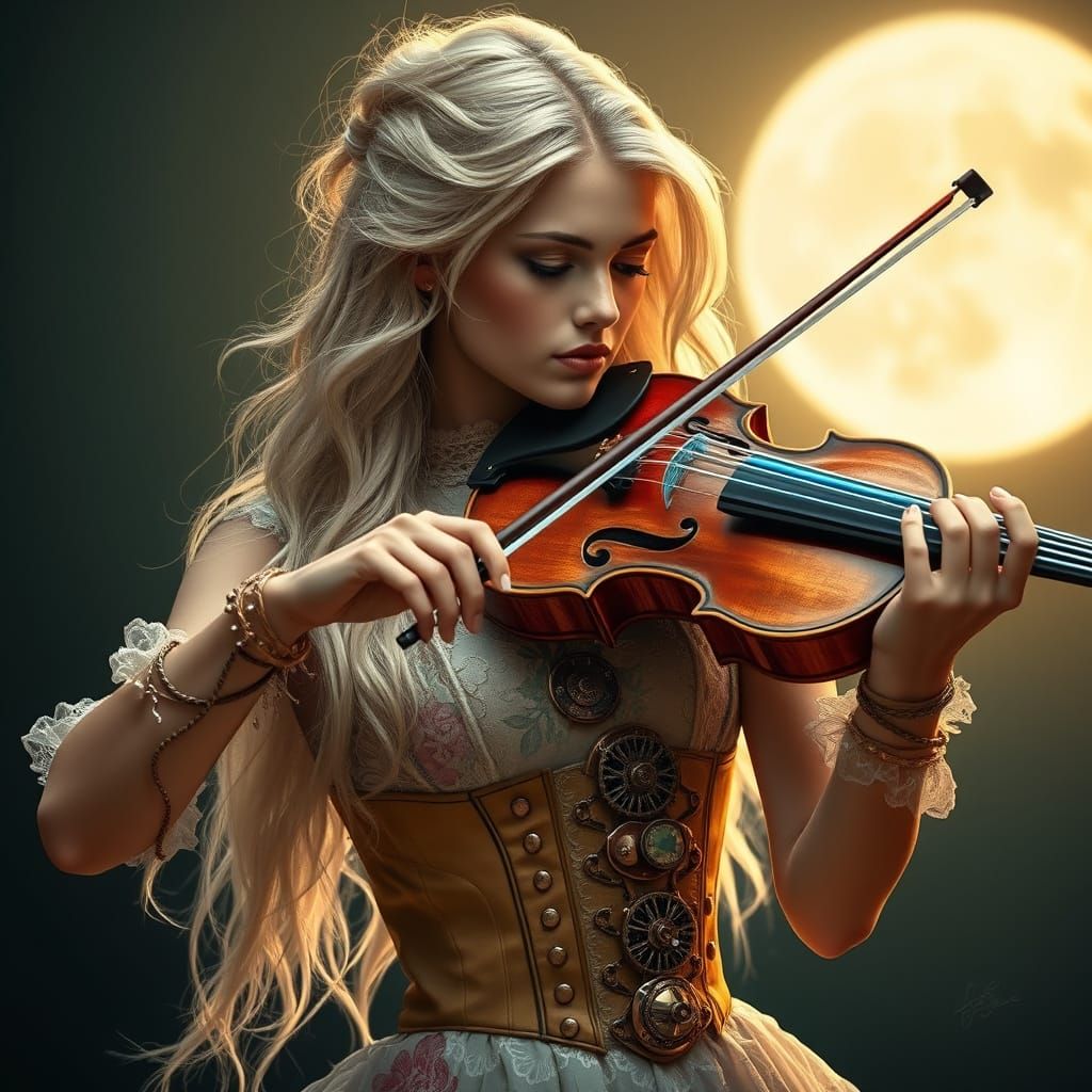 Steampunk Girl Plays Violin Under Harvest Moonlight