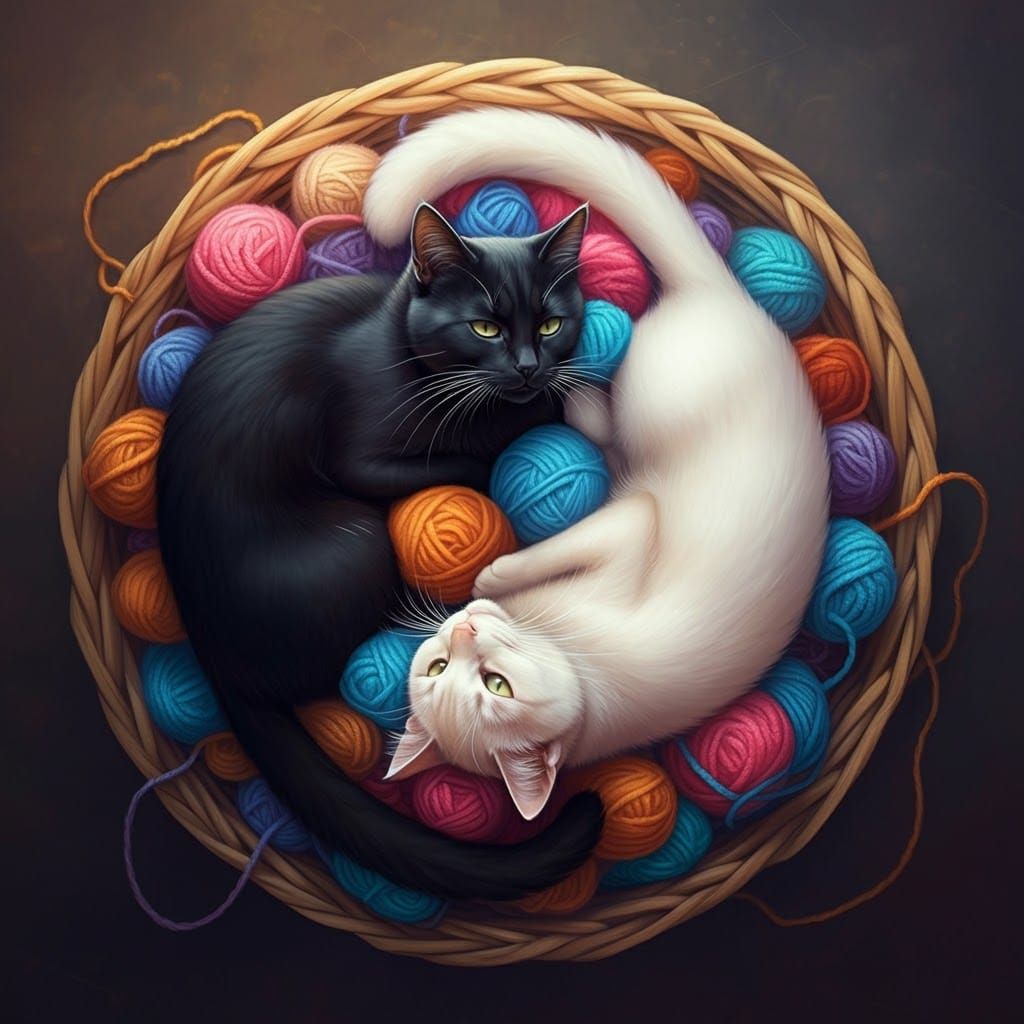 Yin-Yang Cats in Hyperrealistic Digital Art