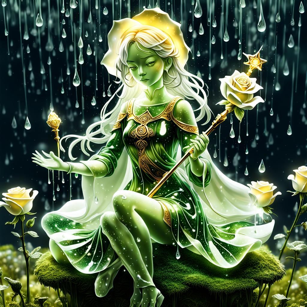 Glass Woman with Staff in Golden Rose