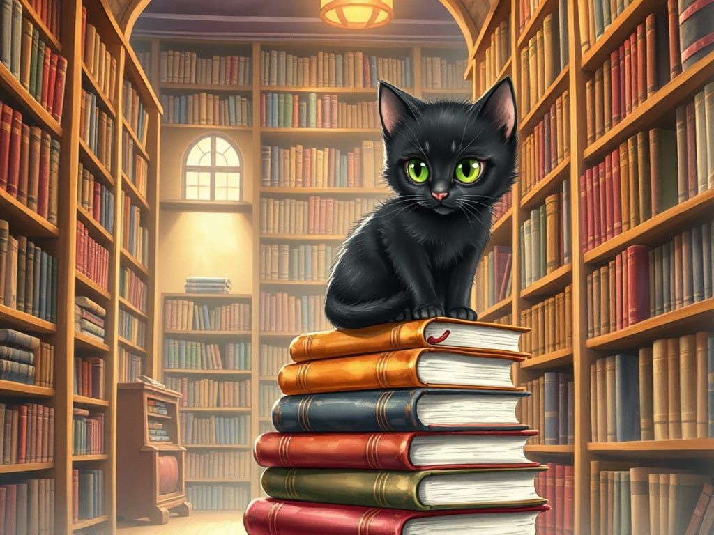 Whimsical Bookstore Cat in Watercolor Style