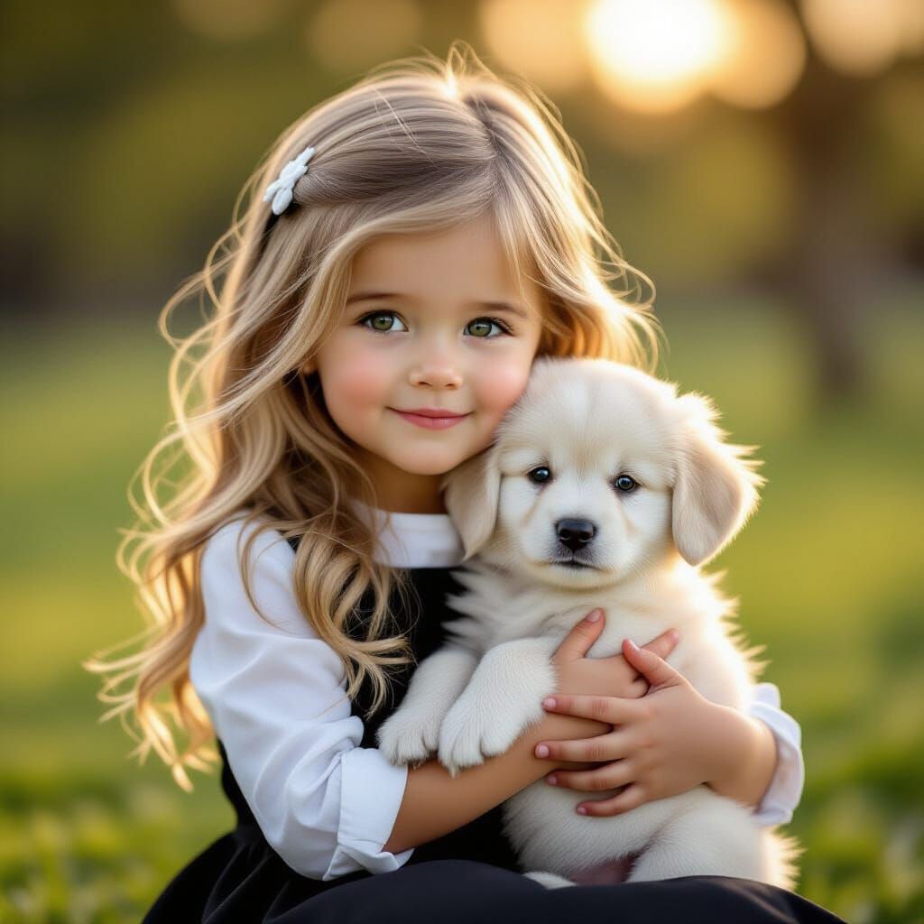 Photorealistic Portrait of a Girl Holding a White Puppy