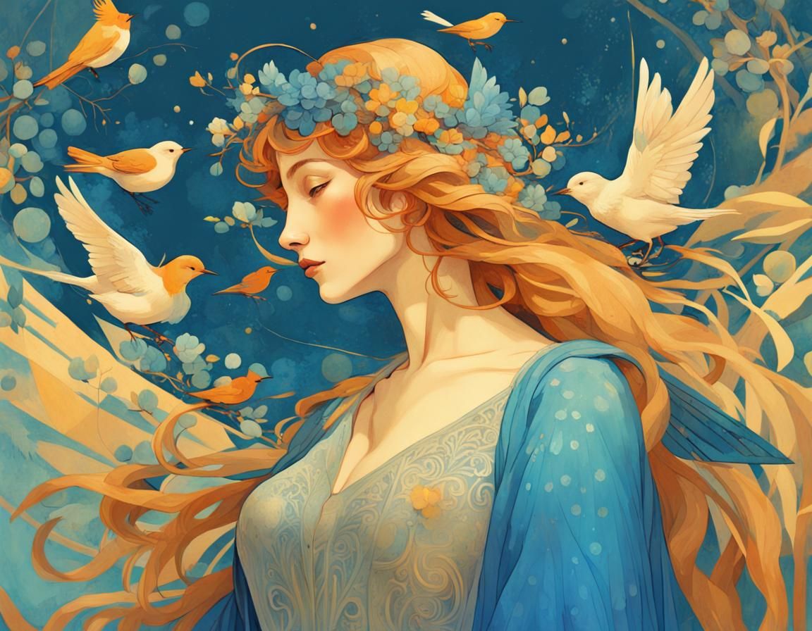 Cute Blue Bird in Renaissance Style