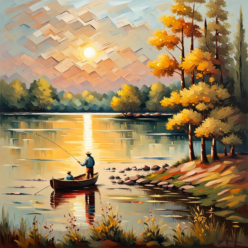 Golden Hour Lake View in Abstract Impressionist Style
