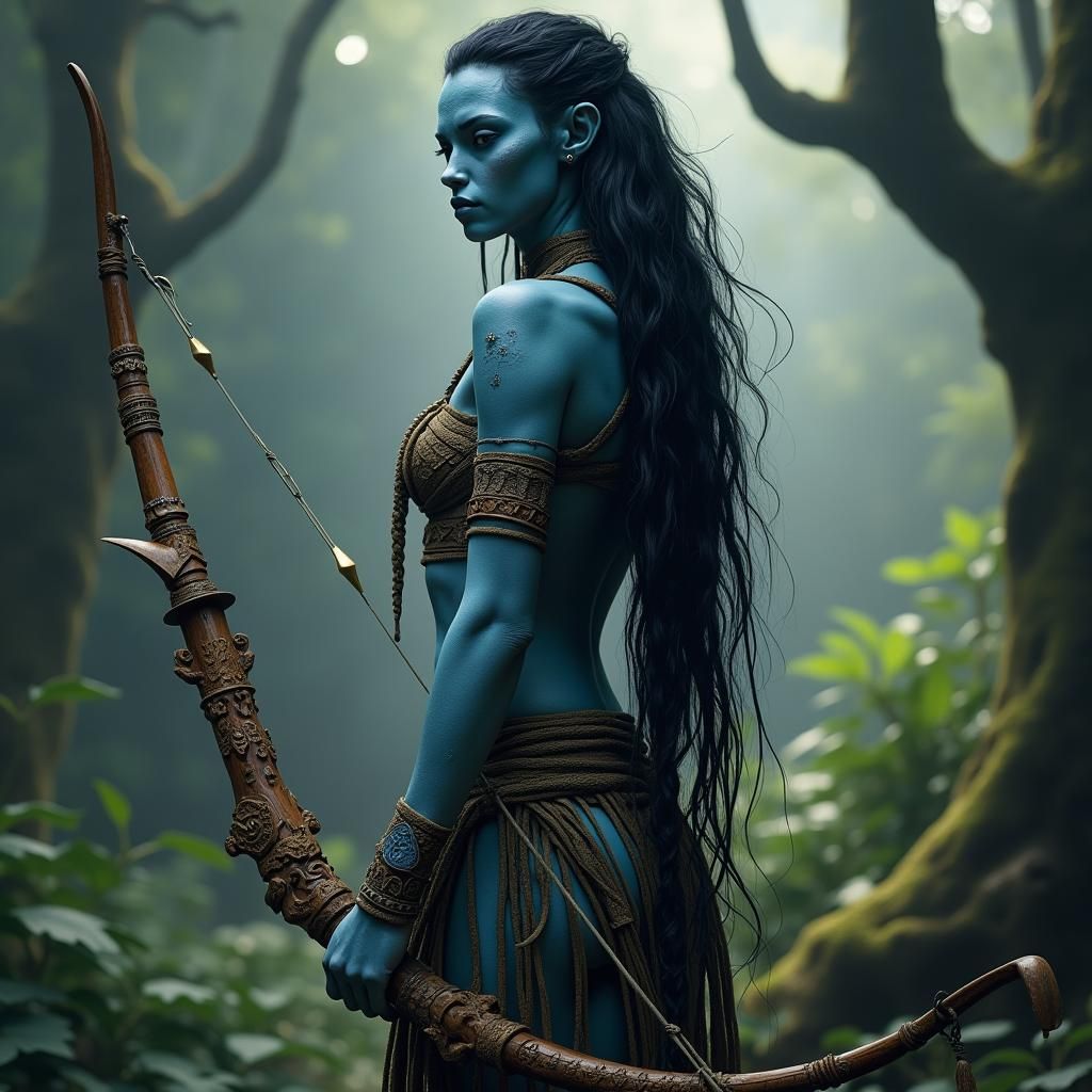 Ethereal Na'vi Avatar with Bow in Mystic Forest