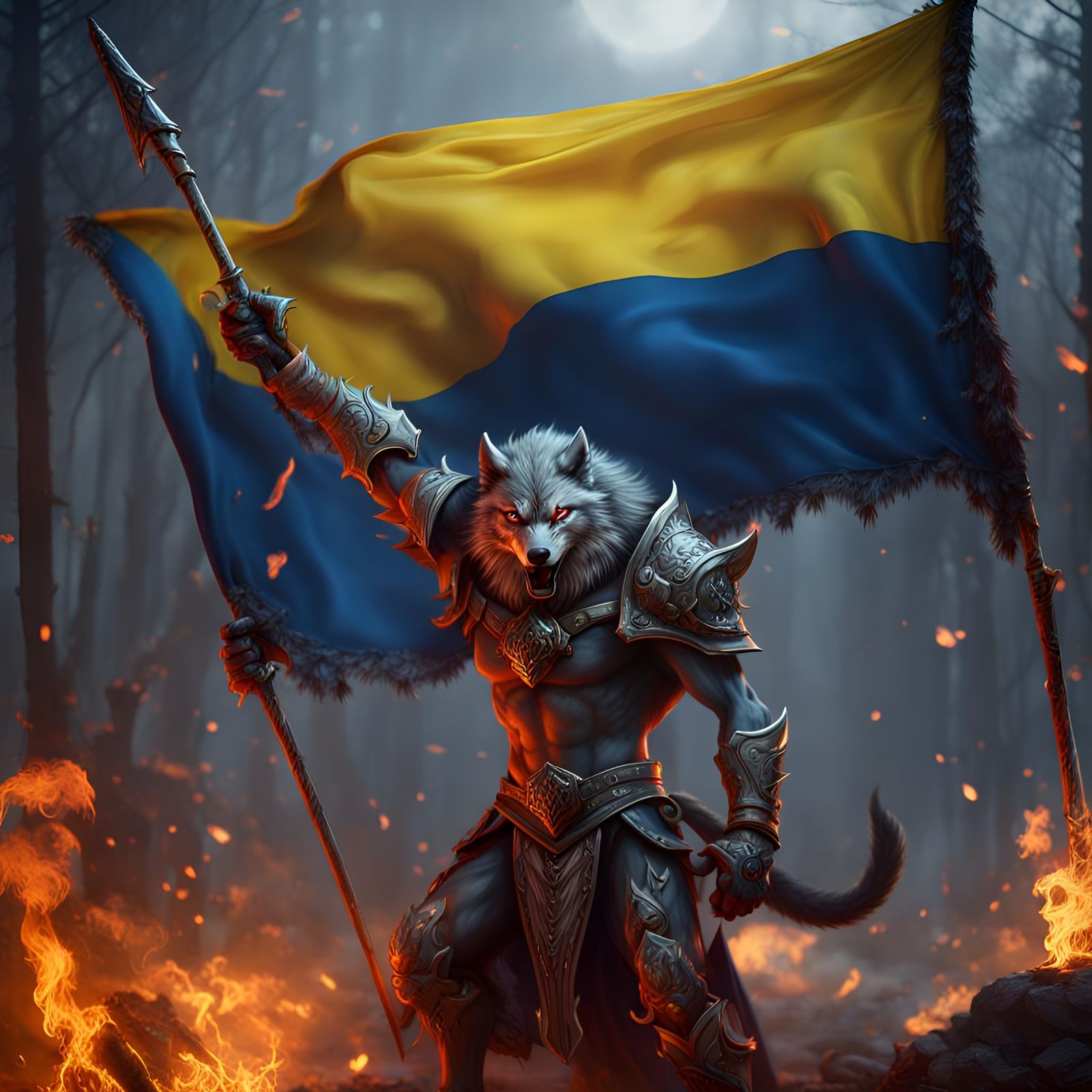 Fenrisulfr: Fire Demon Wolf with Ukraine Flag