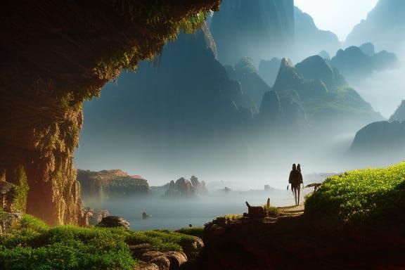 Hyperrealistic Woman Running in Cave, Digital Art
