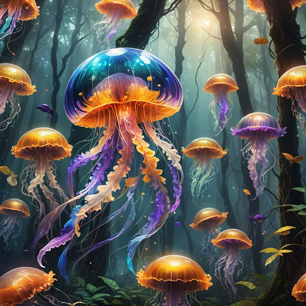 Mystical Forest Scene with Floating Jellyfish Duck