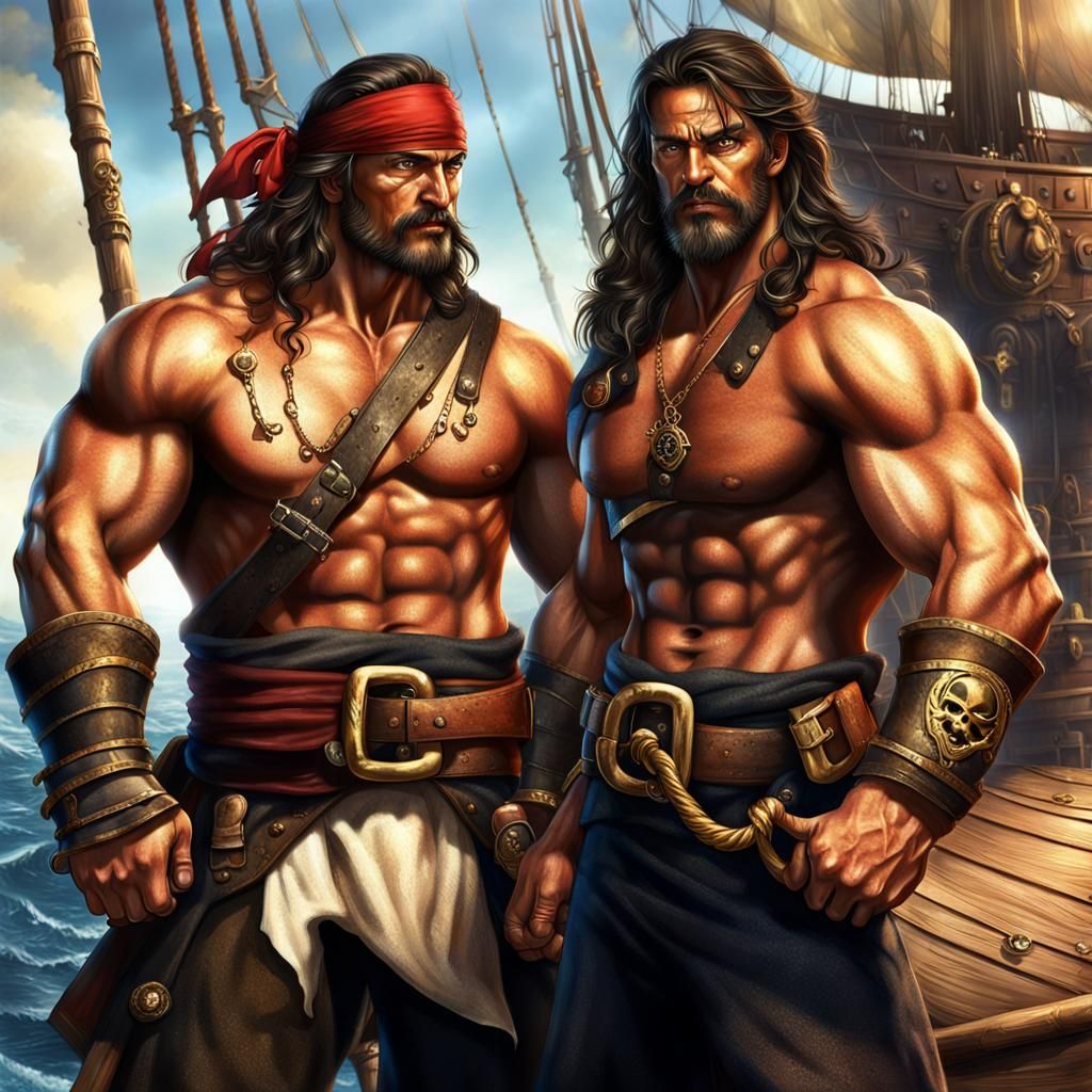 Two Muscular Pirates on a Ship in Photorealistic Style