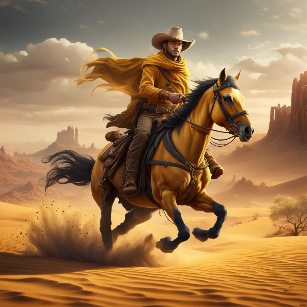 Cowboy on Yellow Horse in Desert Landscape