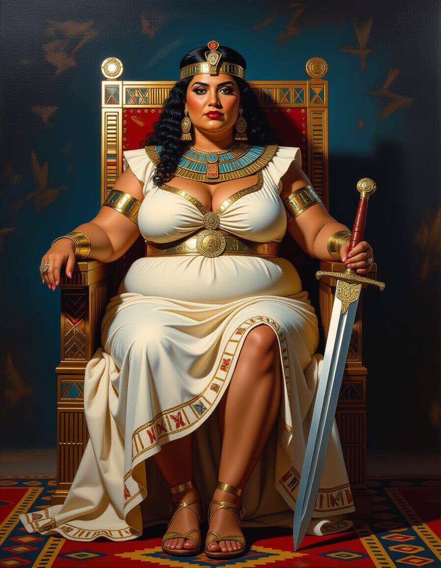 Egyptian Queen on Throne with Sword, Surreal Modern Art