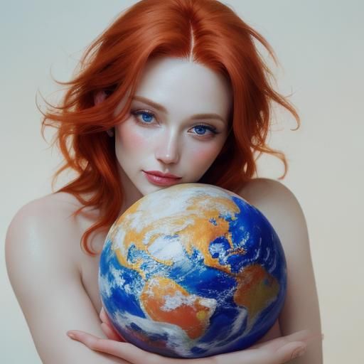 Redhead Angel Cradling Earth: Vibrant Oil Painting