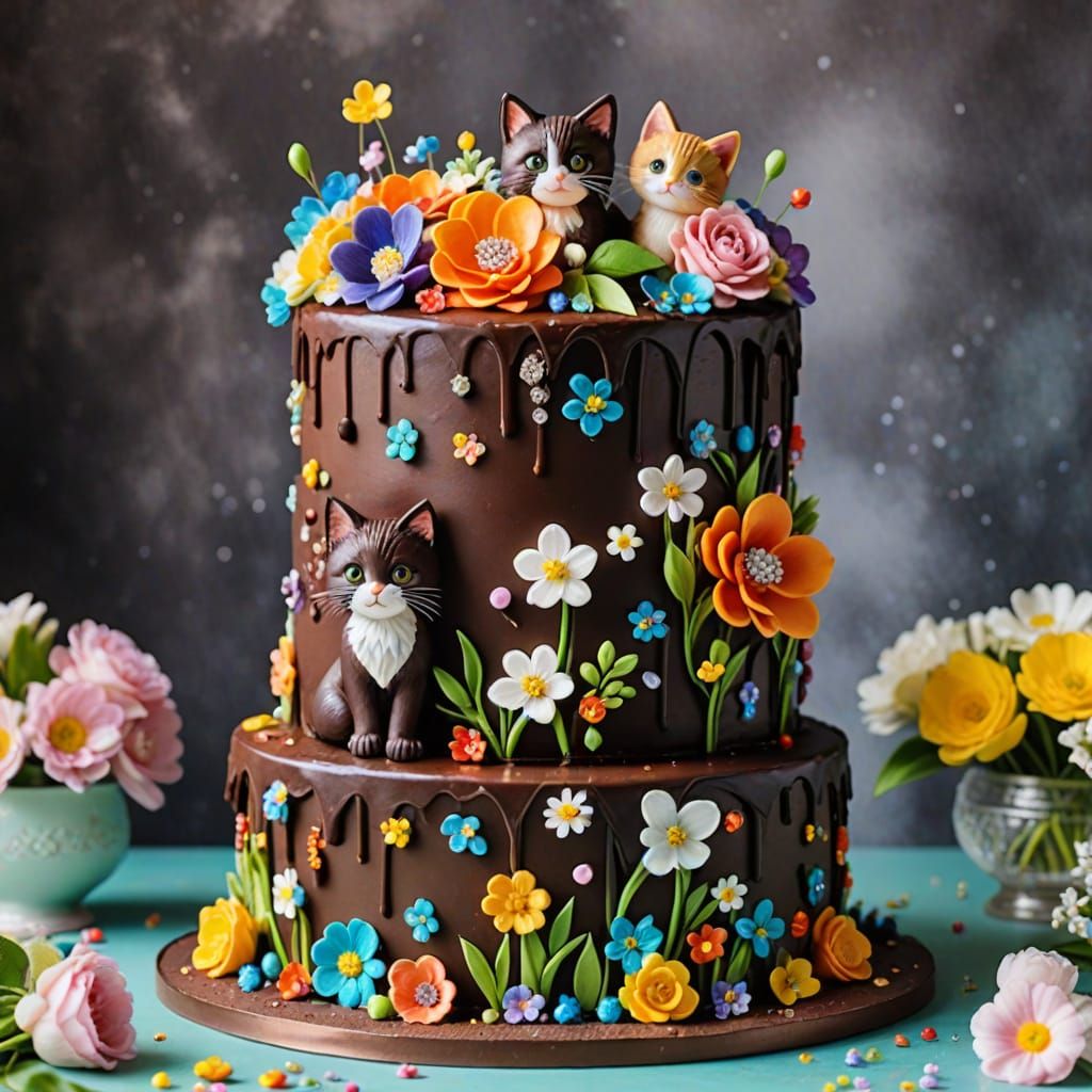 Colorful Spring Cake with Kittens and Jewels