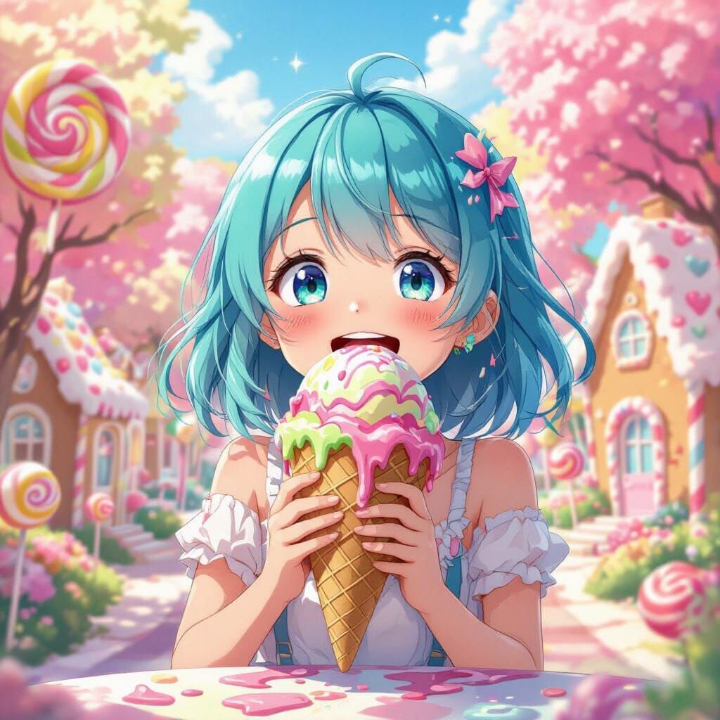 Girl Enjoys Giant Melting Ice Cream in Candy Land