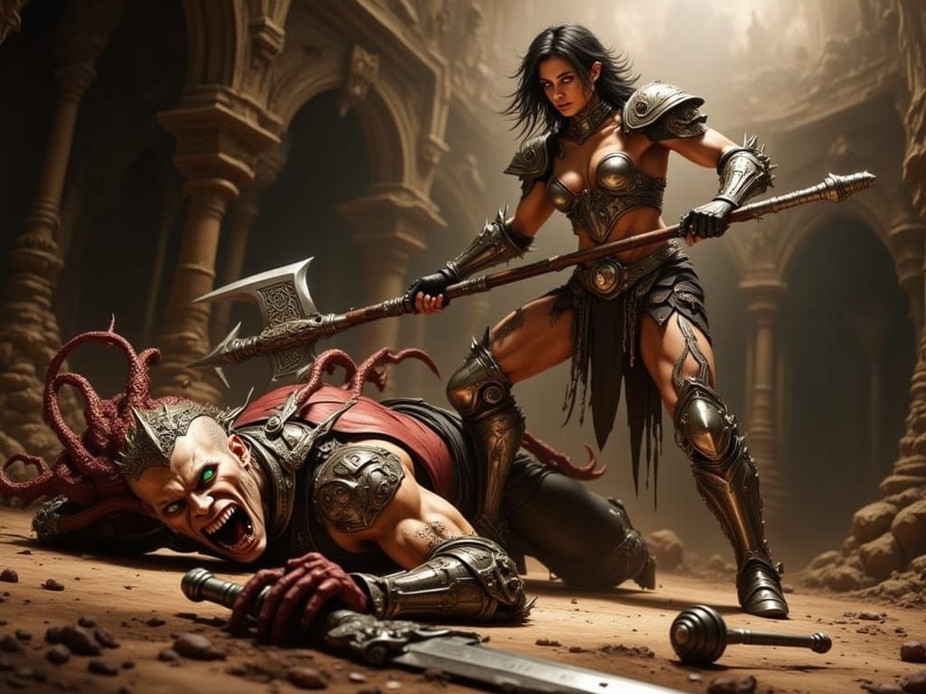 Female Harpy Warrior Battles Tentacled Fiend