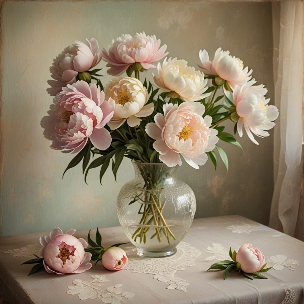 Impressionist Peonies Still Life in Pastel Hues
