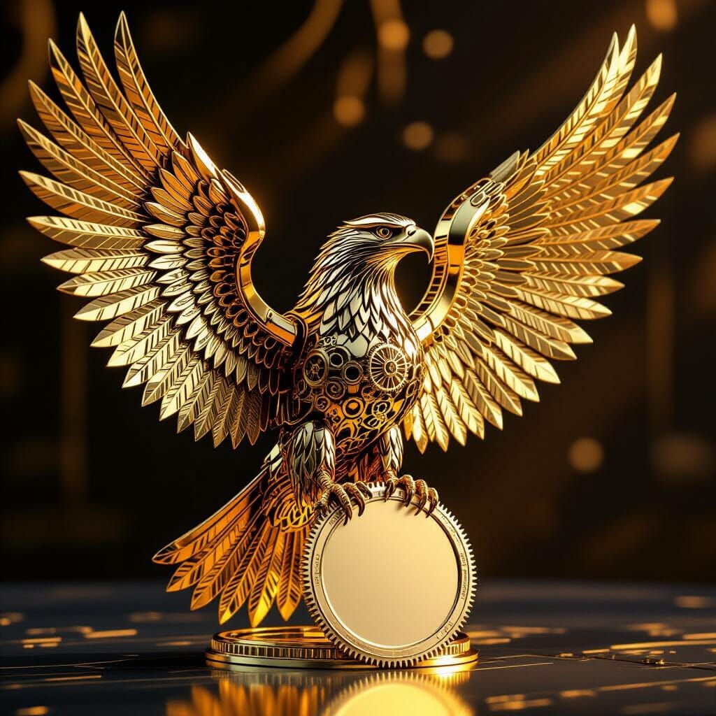 Golden Mechanical Eagle with Silver Badge in Steampunk Style