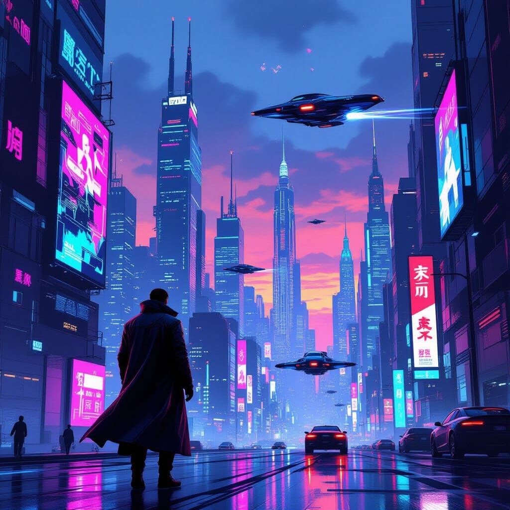 Cyberpunk Cityscape at Dusk with Flying Vehicles