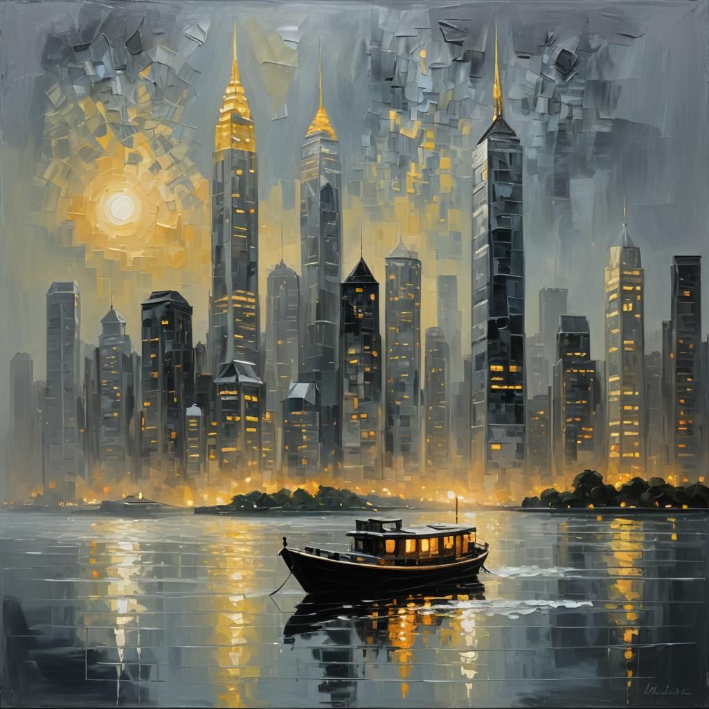 Futuristic Metropolis: Impasto Boat on Lake at Night