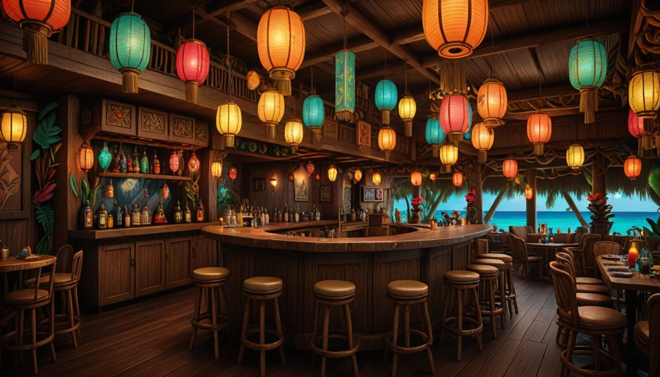 Elaborate Tiki Bar Interior with Nautical Lanterns