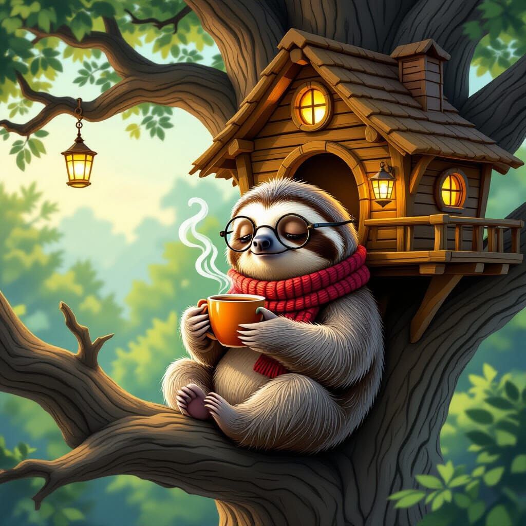Cozy Sloth in Scarf Sipping Tea on Oak Tree Branch
