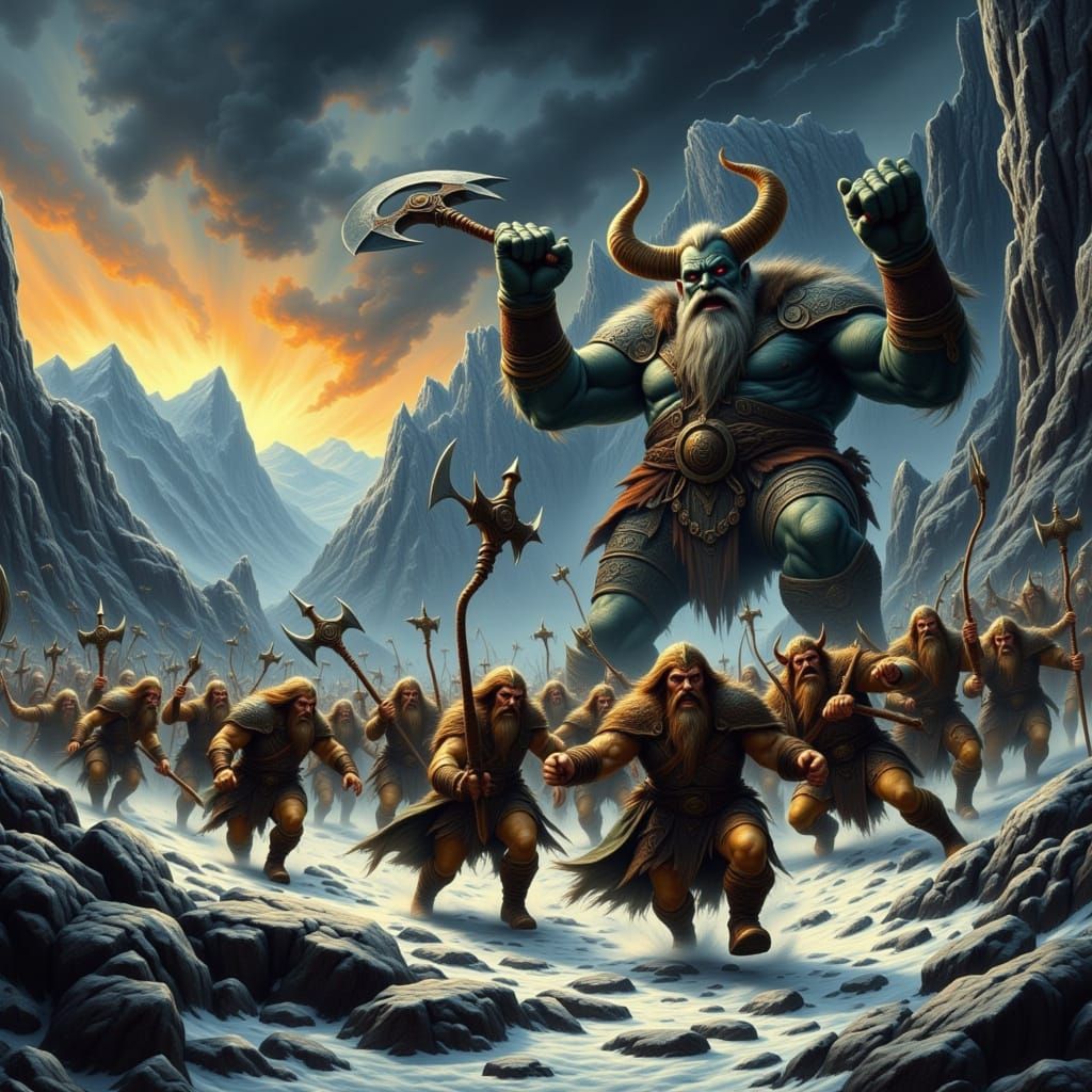 Elves and Dwarves Battle Colossal Orc in Fantasy Art