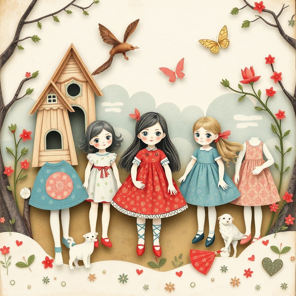 Whimsical Paper Dolls in Fantastical Vintage Setting
