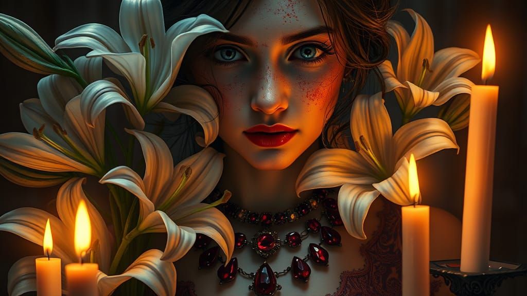 Eerie Southern Gothic Portrait with Lilies and Rubies
