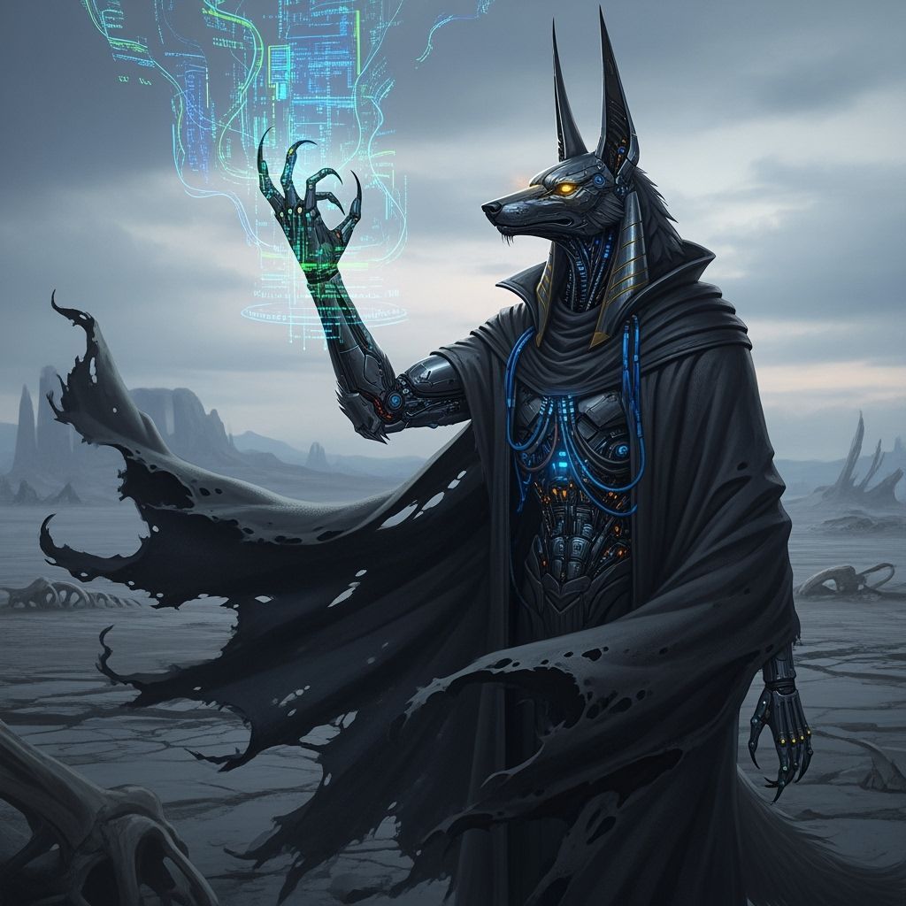 Cybernetic Jackal Silhouetted in Wasteland