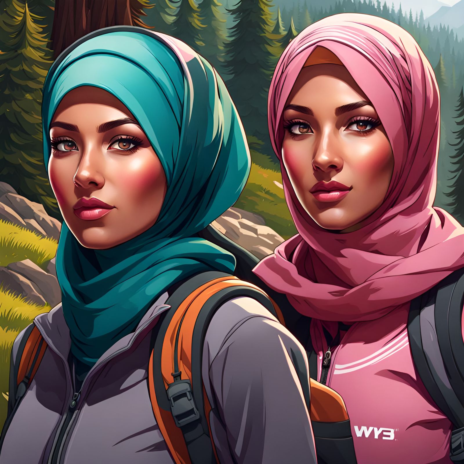 Hijabi Women Hiking: Detailed Digital Art Portrait