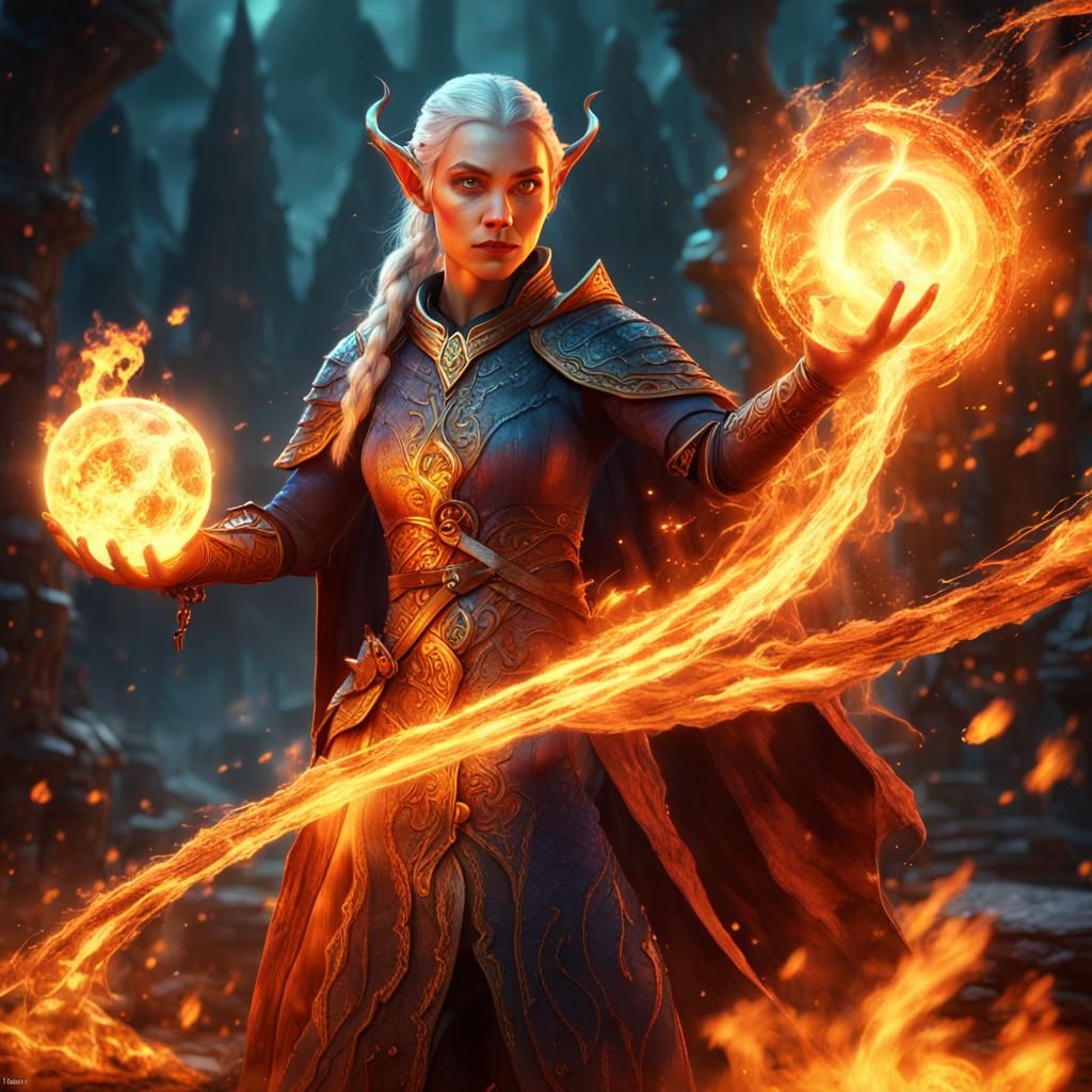 Elven Wizard Casts Fireball in Dungeons and Dragons Style