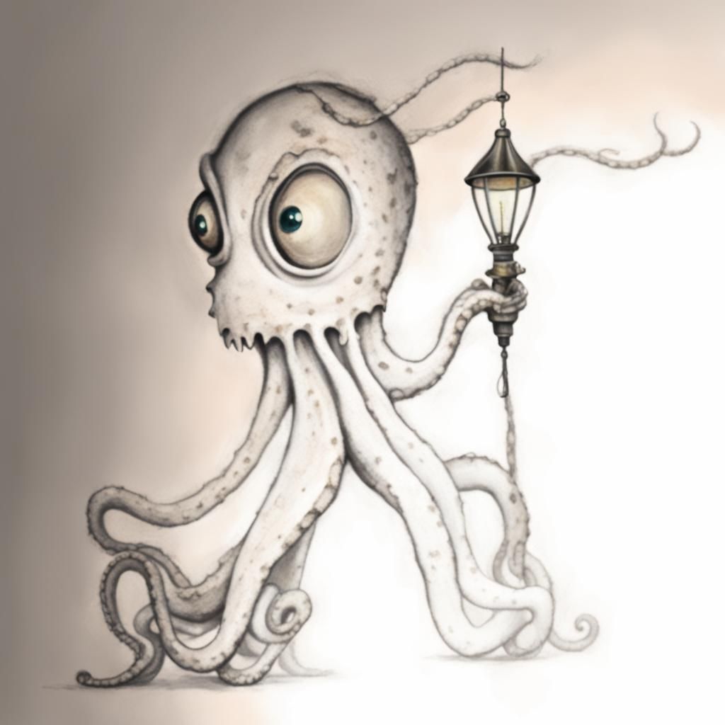 Octopus-Squid Hybrid with Diving Bell in Sunken Scene