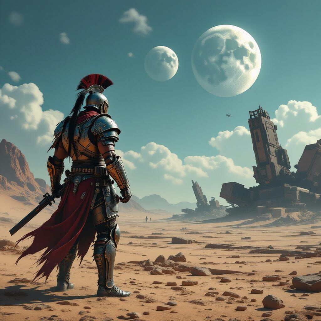 Cybernetic Gladiator on Windswept Battlefield