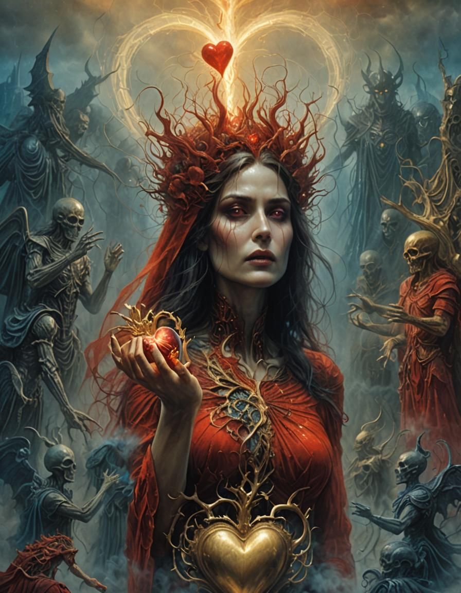 Mystical Woman with Glowing Heart: Dark Fantasy Art
