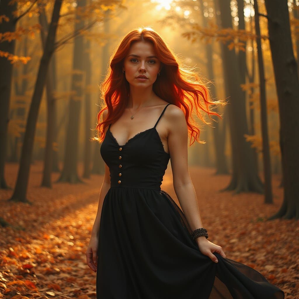 Ethereal Autumn Siren in Pre-Raphaelite Style