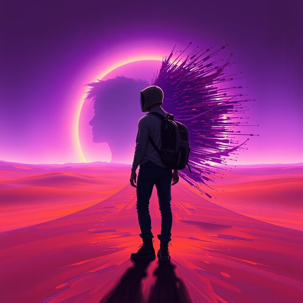 Traveler at Neon Crossroads: A Digital Surrealism Painting
