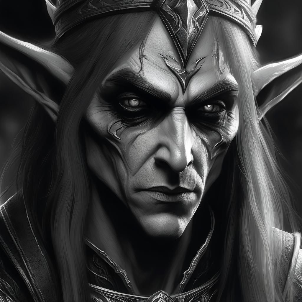 Older Elf Warlock, black and white