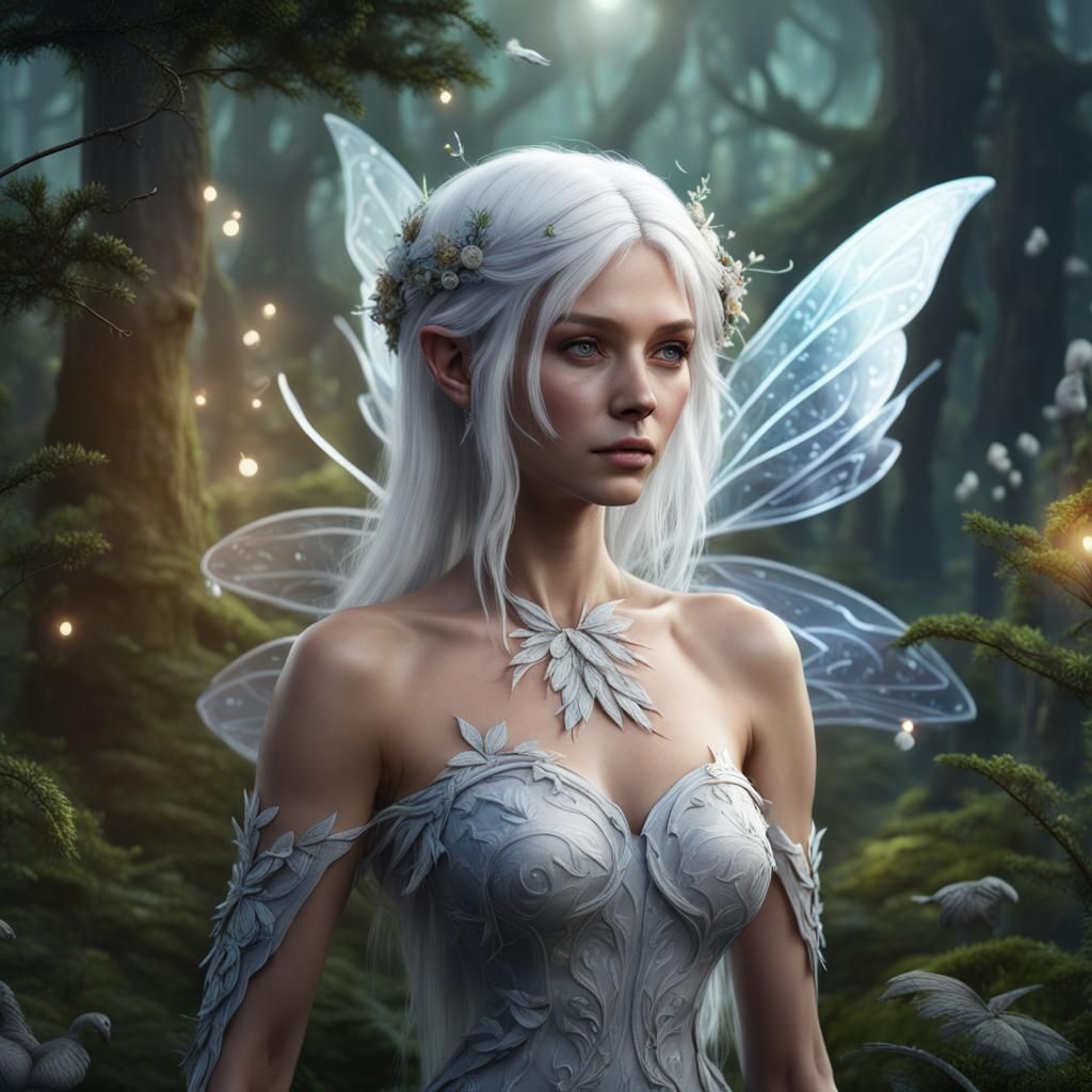 Beautiful White-Haired Fairy in Enchanted Forest