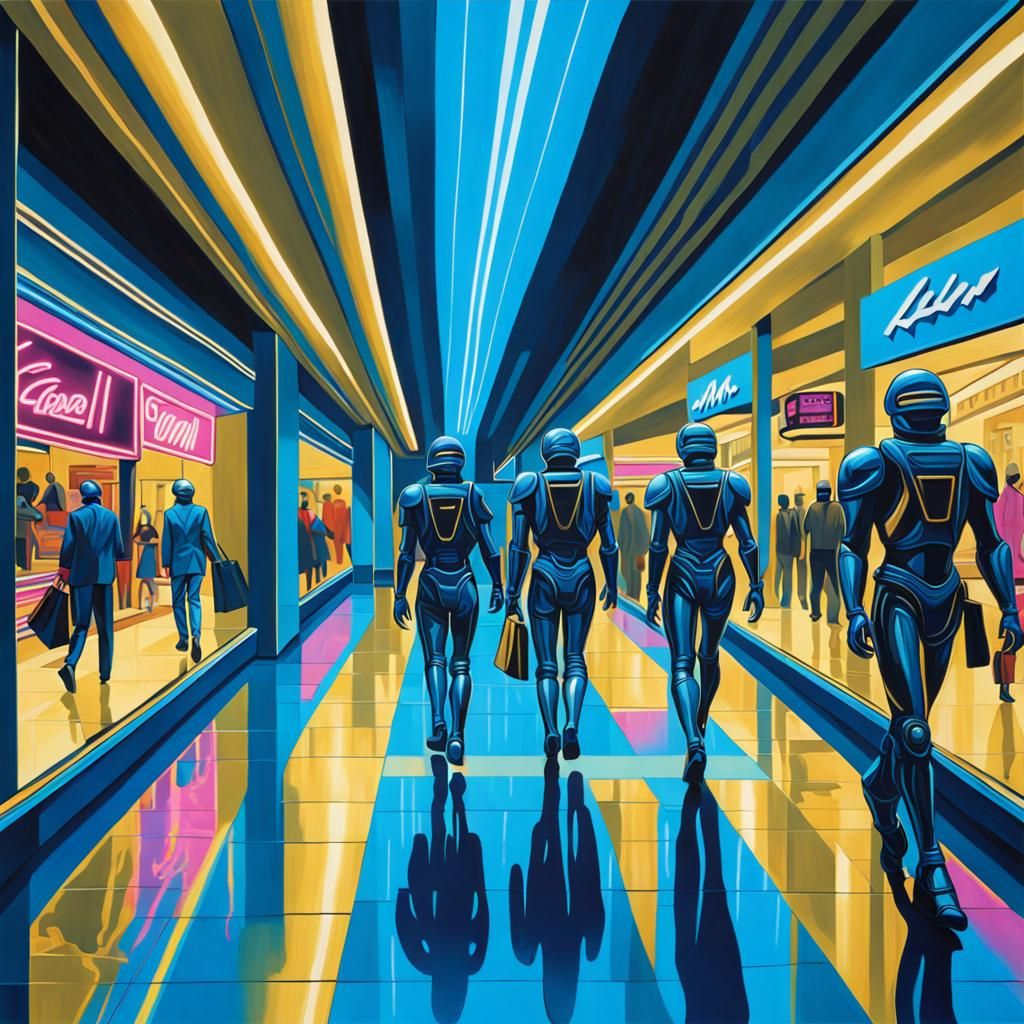 Cyborgs Stroll Through a Neon Shopping Mall in a Dark Oil Pa...
