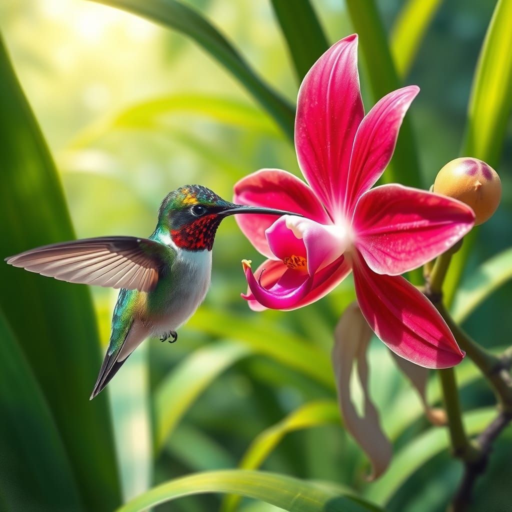 Hummingbird Sipping Nectar from Colombian Orchid